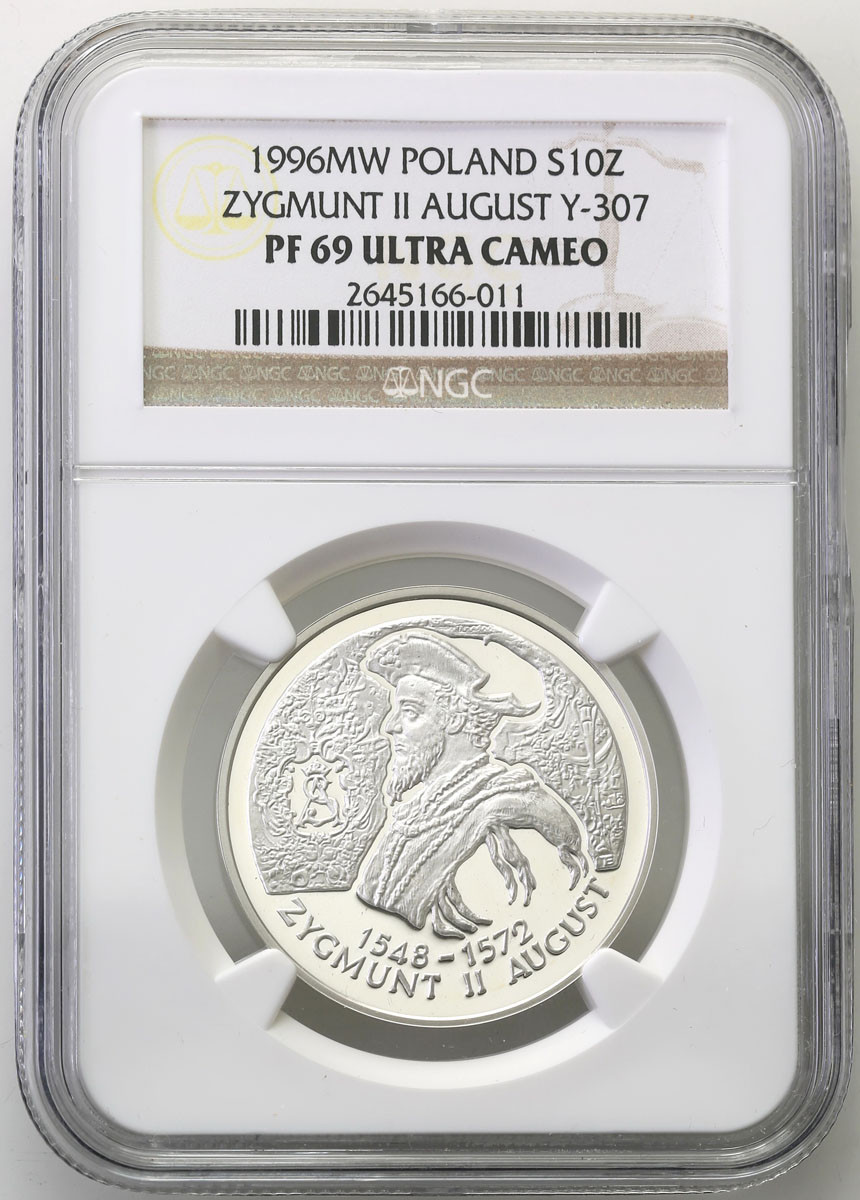 III RP. 10 złotych 1996 Zygmunt II August popiersie NGC PF69 ULTRA CAMEO (2 MAX)